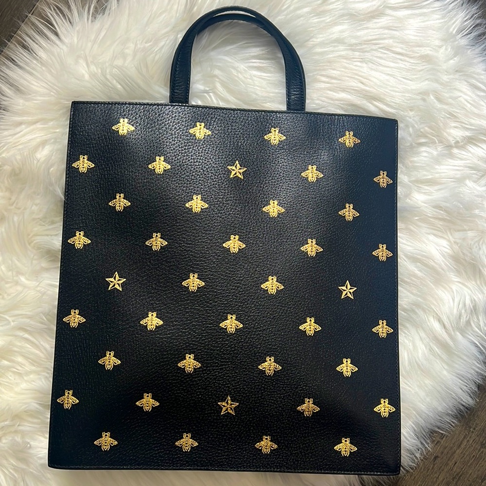 🆕💯% Auth Gucci Leather Bag Black and Gold Leather Bag with Strap 🐝 - Picture 3 of 15